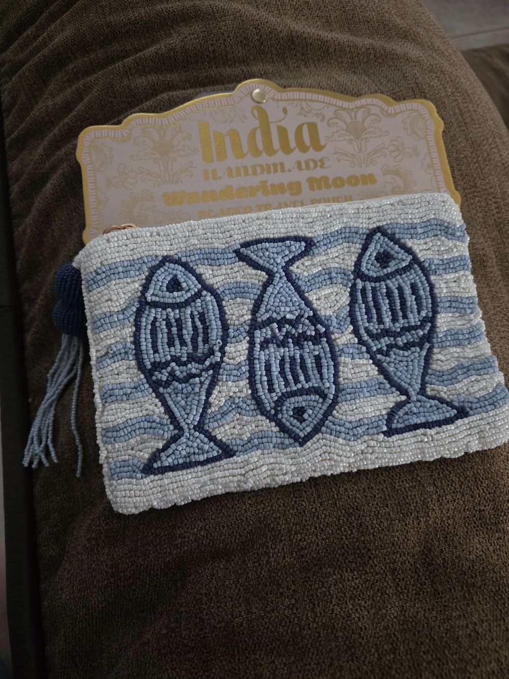 New India Handmade Beaded Blue Fish Viral TikTok Travel Purse Pouch